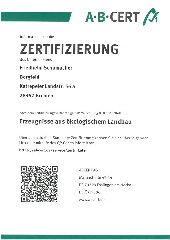 Schumachers Biohof-Zertifikat vom Mai 2022