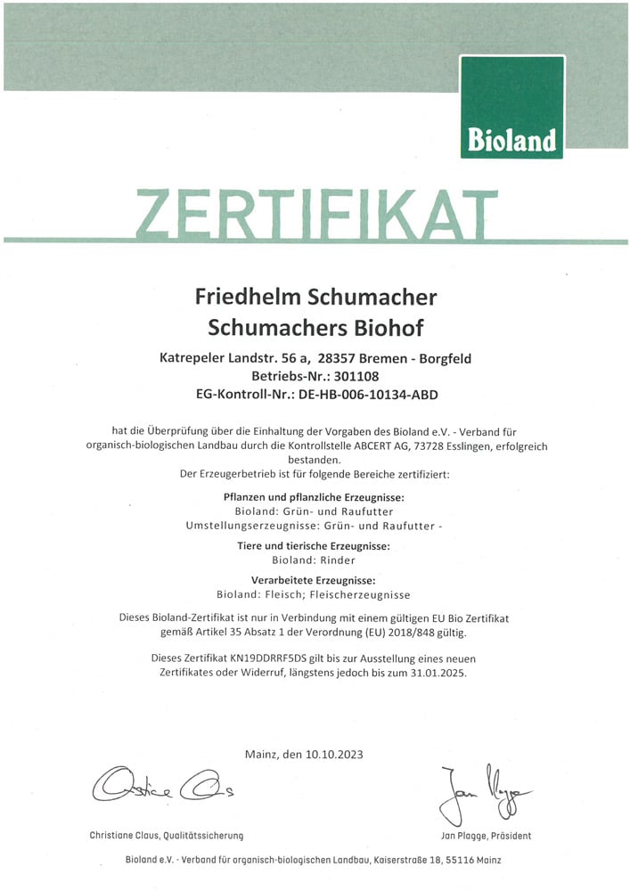 Schumachers Biohof-Zertifikat vom Mai 2022